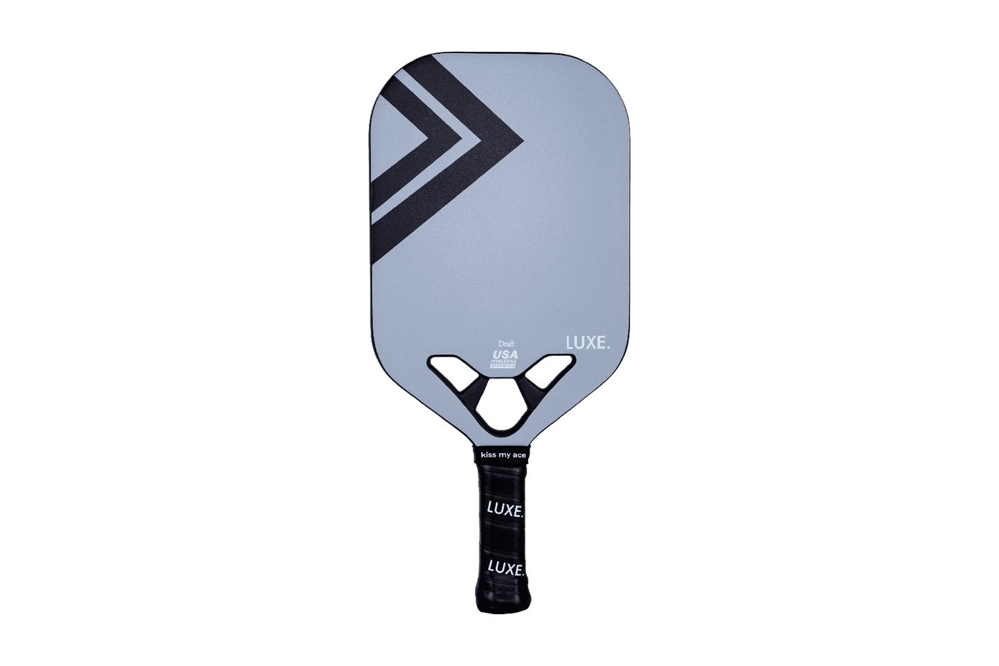 The LUXE Pickleball Draft is a modern carbon fiber paddle with a gray face, two black chevron stripes in the upper left, an open throat design, and a sleek black handle featuring "LUXE." printed twice in white.