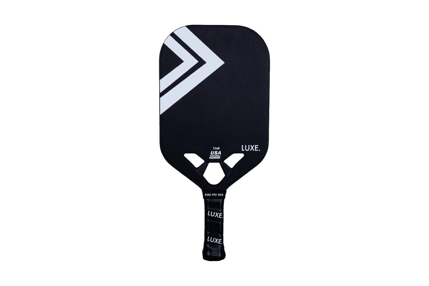 The LUXE Pickleball Draft paddle features a black carbon fiber body with a matte finish and two bold white diagonal stripes. Its open throat design and black grip marked "LUXE" create a modern geometric look, all USA Pickleball Approved.