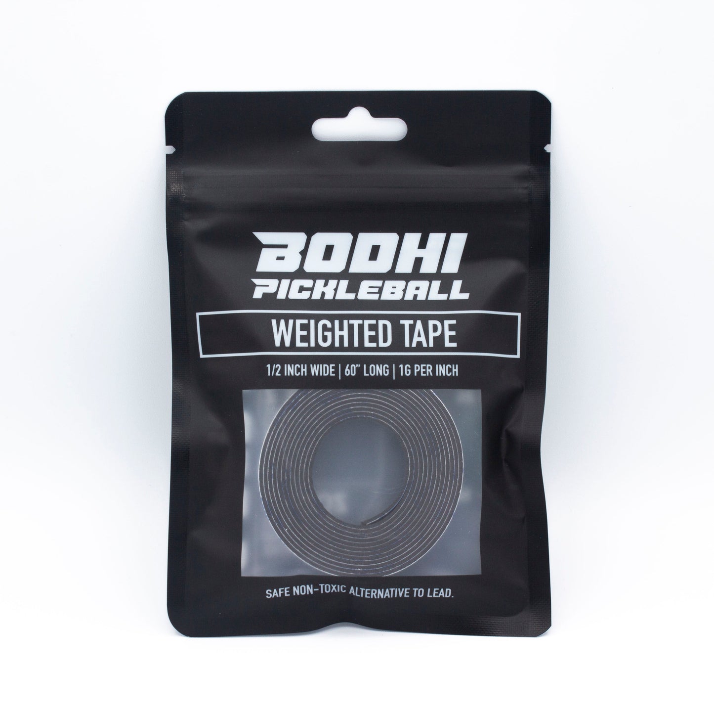 A black package of Bodhi Performance PROtune™ Weighted Tape is shown. The label reads 1/2" wide, 60" long, 16g/inch. A coiled roll appears through a clear window. Packaging promotes it as a safe, non-toxic lead alternative.