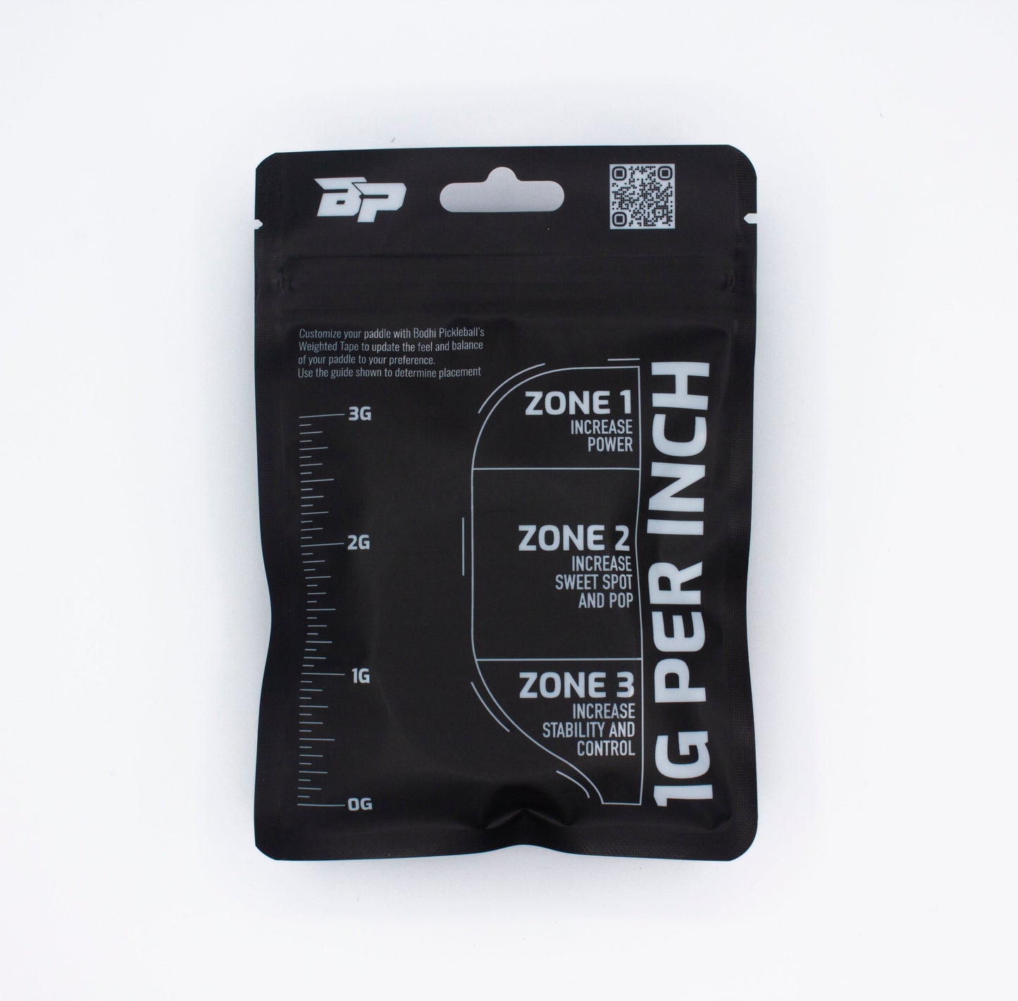 The Bodhi Performance PROtune™ Weighted Tape comes in a black resealable pack labeled "1G PER INCH," with white graphics showing three zones: Zone 1 (Increase Power), Zone 2 (Sweet Spot & Pop), and Zone 3 (Stability & Control) for paddle customization.