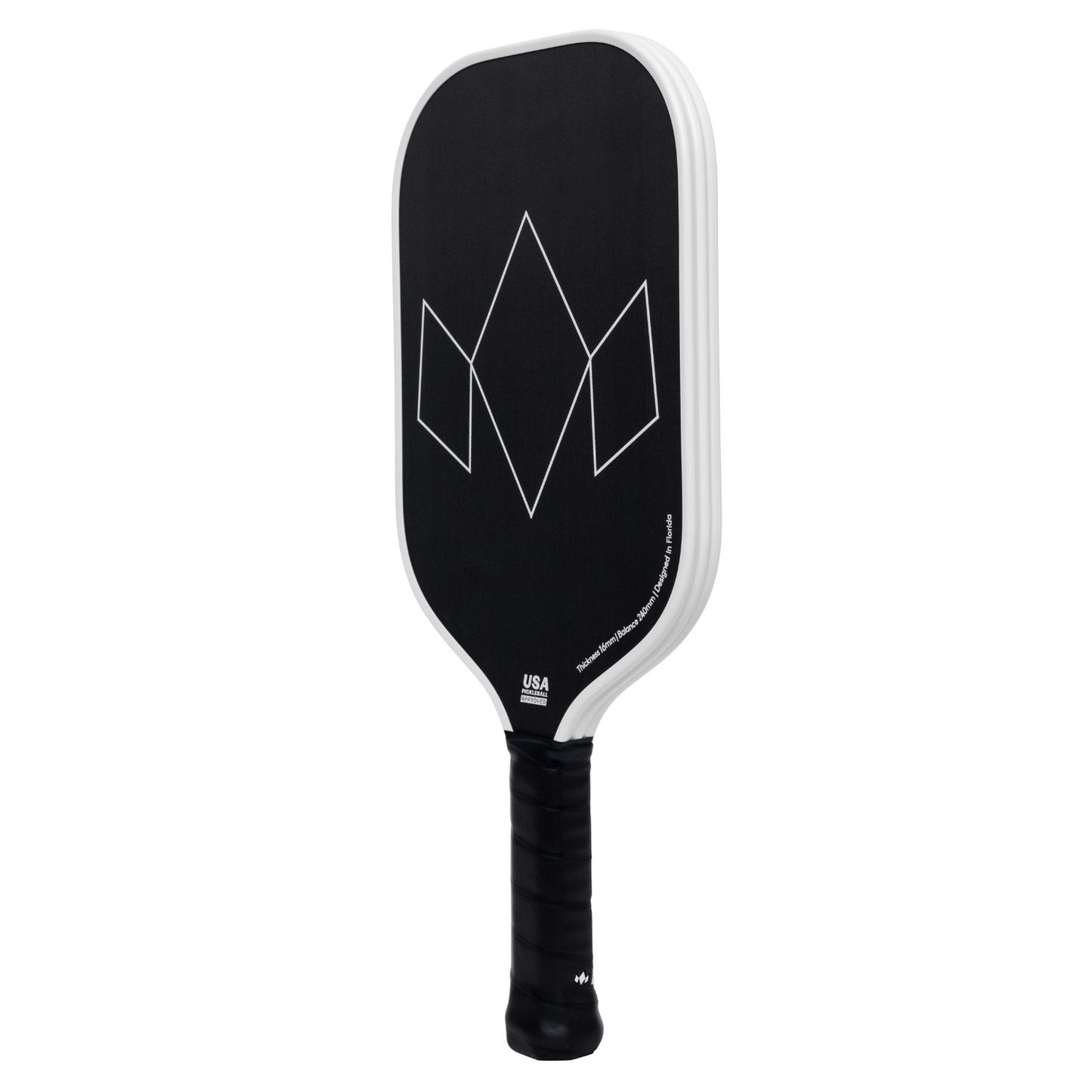 The Diadem Sports Warrior Edge pickleball paddle features a black design with white intersecting diamond shapes on its USAPA-approved etched carbon face, a white edge guard, and a black textured grip handle, shown on a white background.