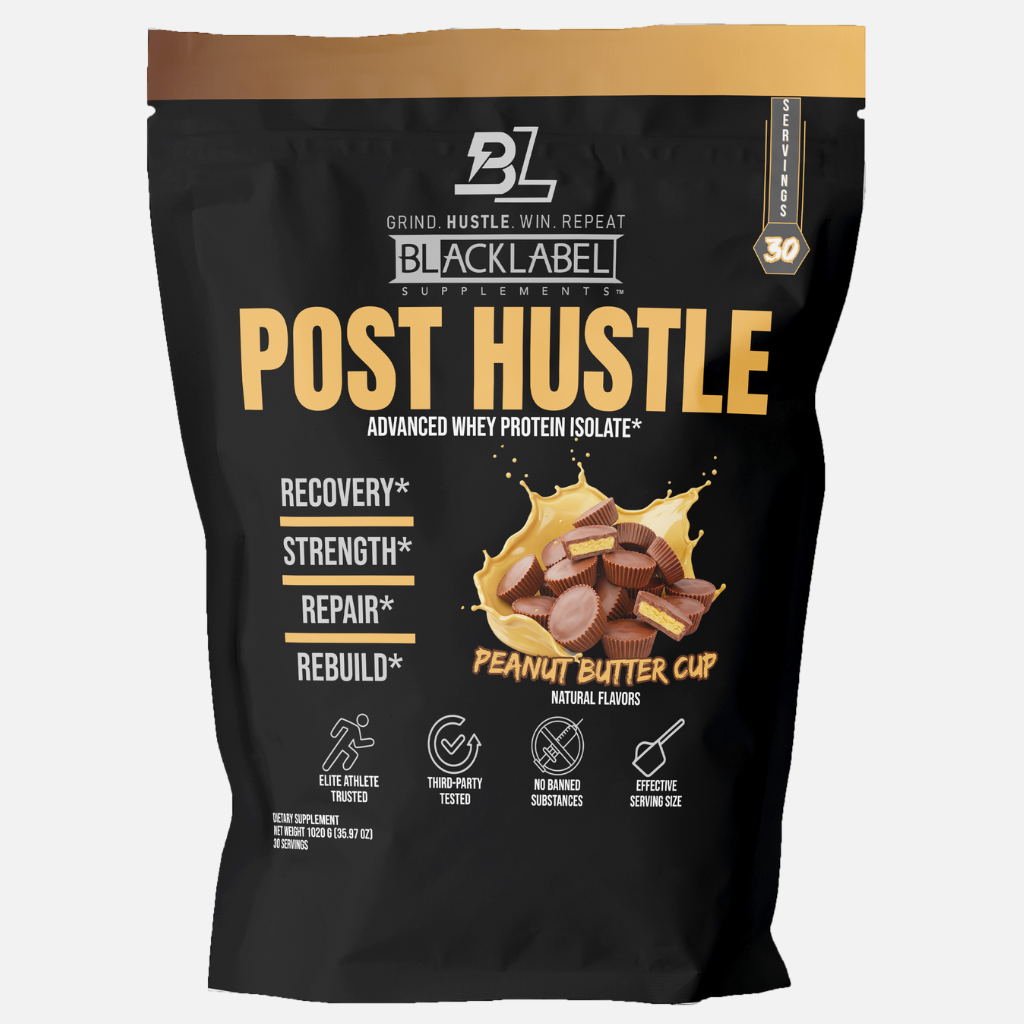 A black and gold pouch labeled POST HUSTLE by BLACKLABEL Supplements features a peanut butter cups flavor and supports post-workout muscle recovery, strength, repair, and rebuild. Contains 30 servings.