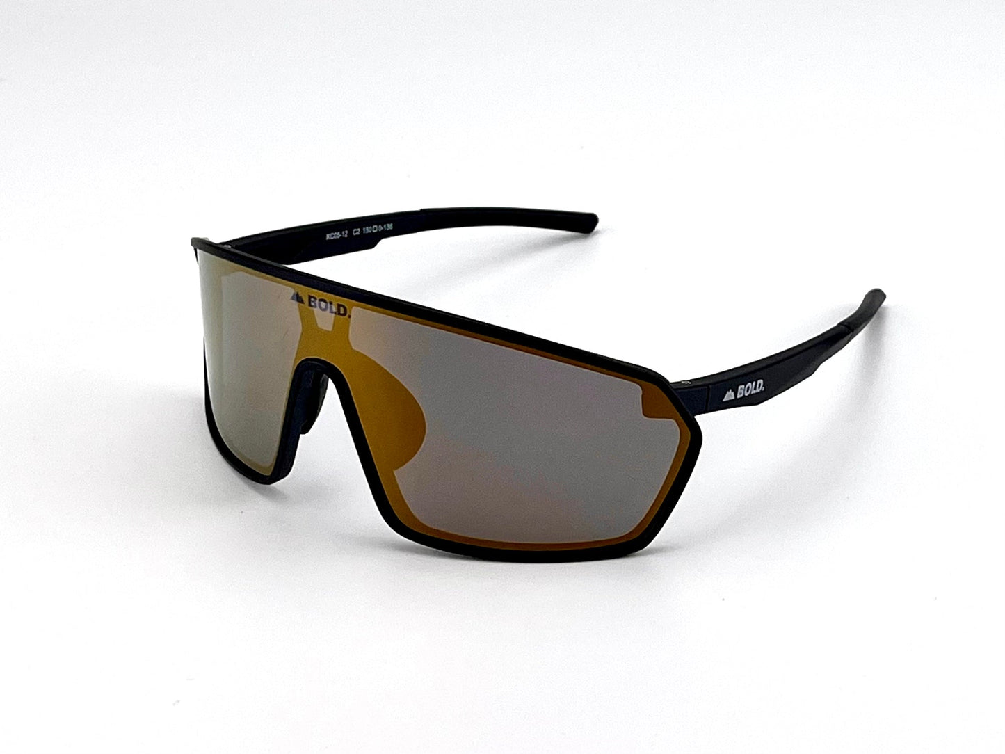 BOLD NSP Performance Sunglasses by boldouterwear: sporty wraparound style with a single large mirrored lens, matte black frame, and thin arms. "BOLD" appears in white on the upper right lens and arm. Shown on a plain white background.