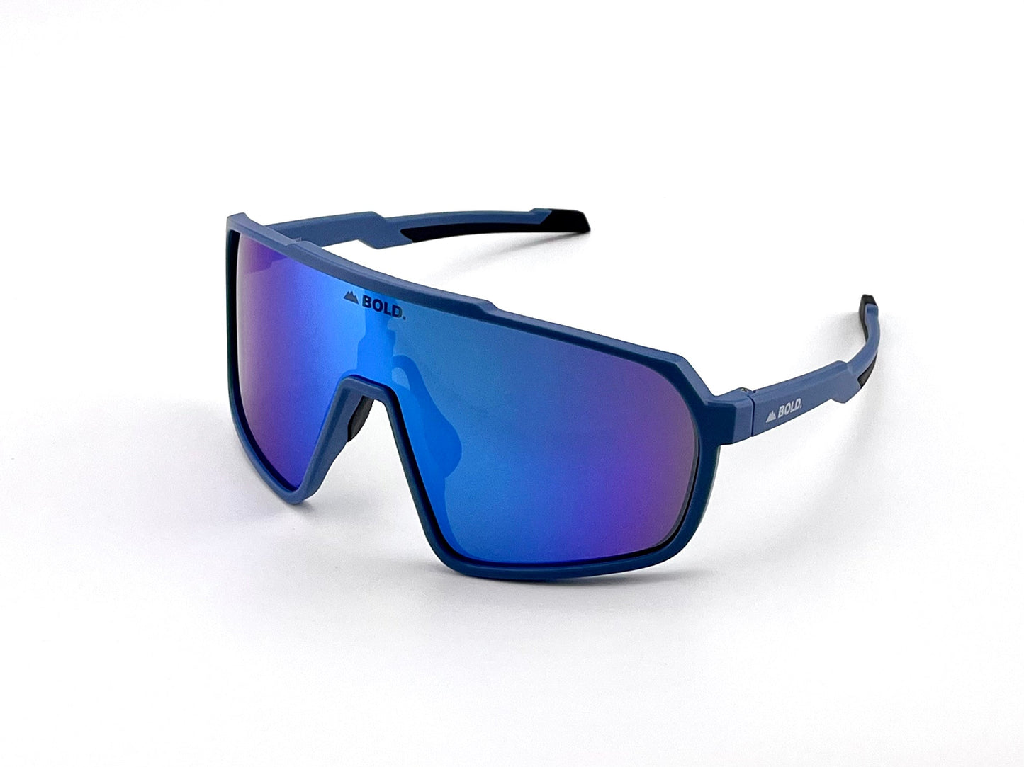 The BOLD Slayers Performance Sunglasses by boldouterwear feature a thick blue angular frame, single large mirrored blue-purple lens, wraparound fit, and blue arms with black tips—perfect for MTB, ski, and lifestyle use.