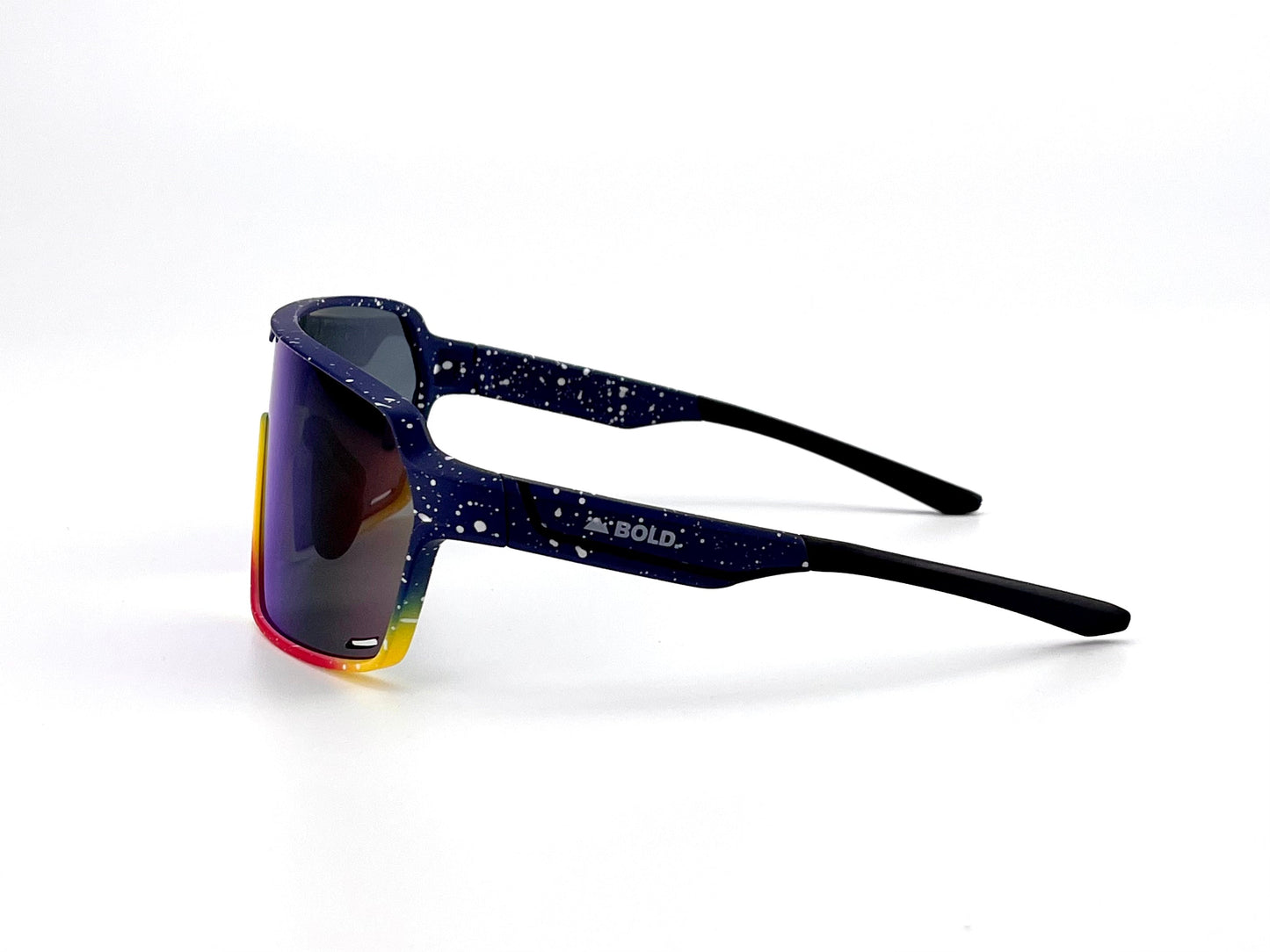The BOLD Shadows Performance Sunglasses by boldouterwear feature a wraparound, yellow-to-red reflective lens, navy blue speckled arms, and "BE BOLD" text—delivering modern style for MTB, skiing, and everyday wear.