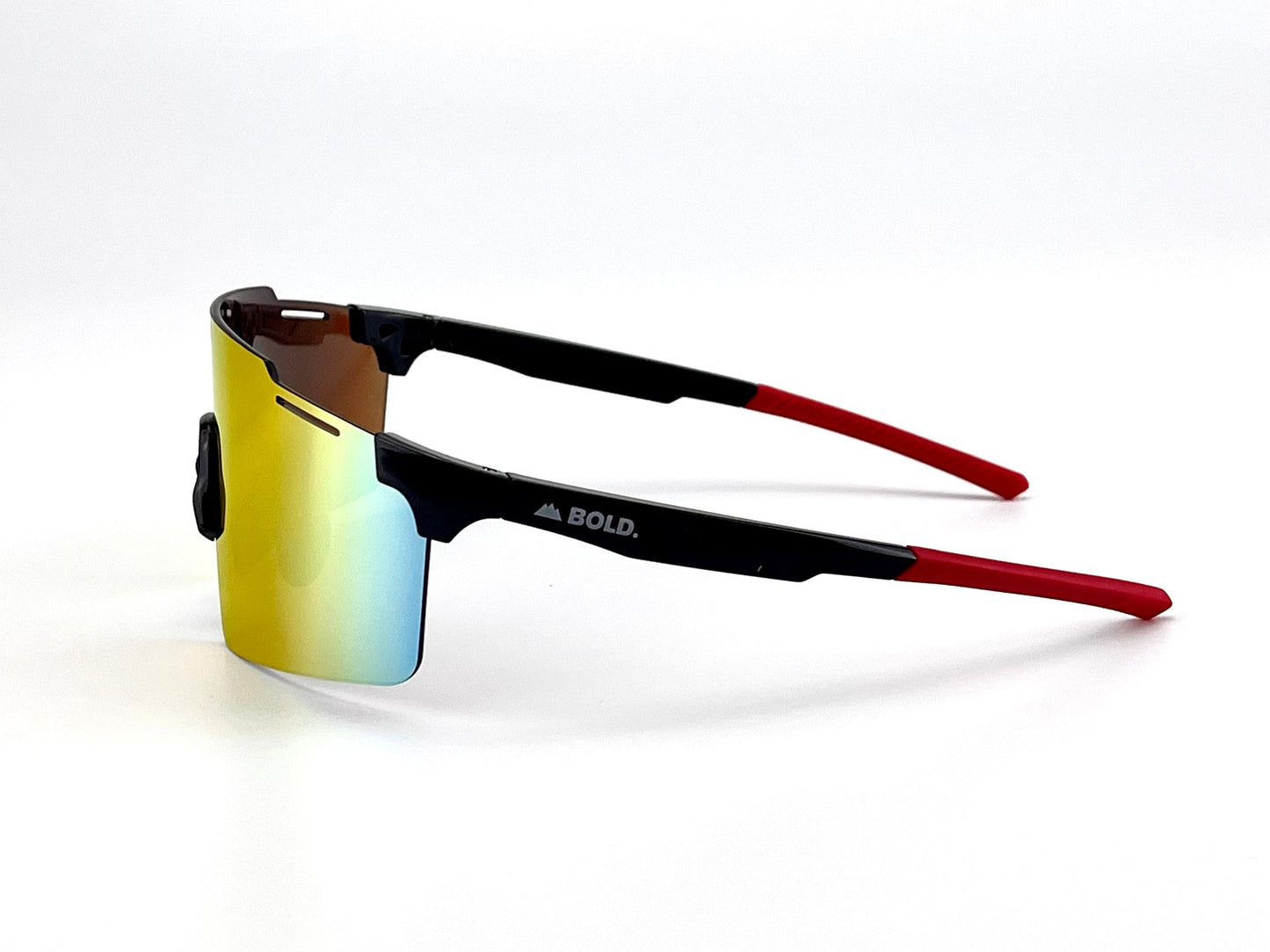The BOLD Scope Performance Sunglasses by boldouterwear feature a wraparound, frameless mirrored yellow-to-blue lens, black arms with red tips and “BOLD.” in white text, all set against a plain white background for a sleek, modern look.