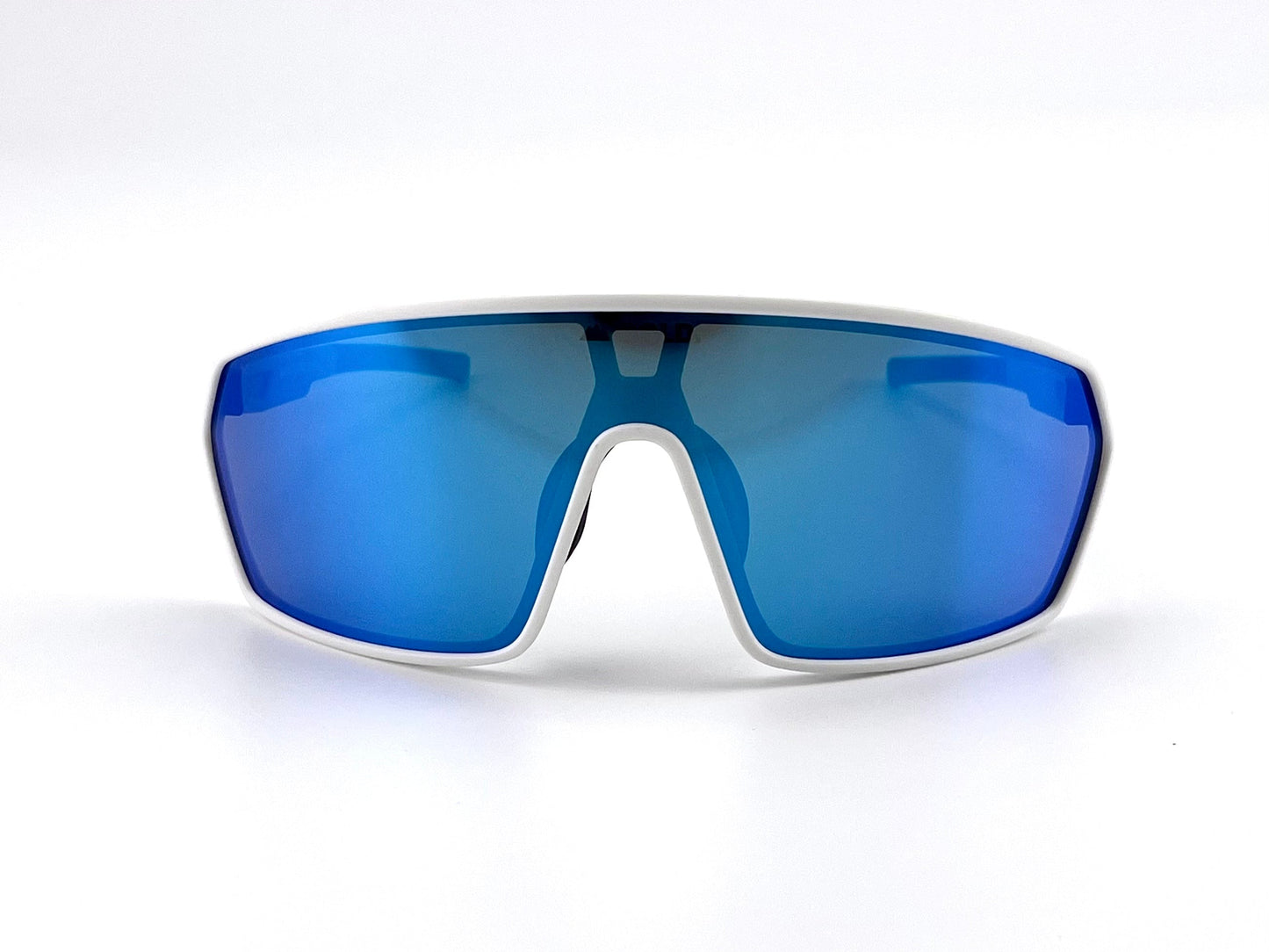 The BOLD NSP Performance Sunglasses by boldouterwear feature a single large blue mirrored lens and a white frame, offering full wraparound coverage and a futuristic, aerodynamic style for MTB, ski, and lifestyle use.