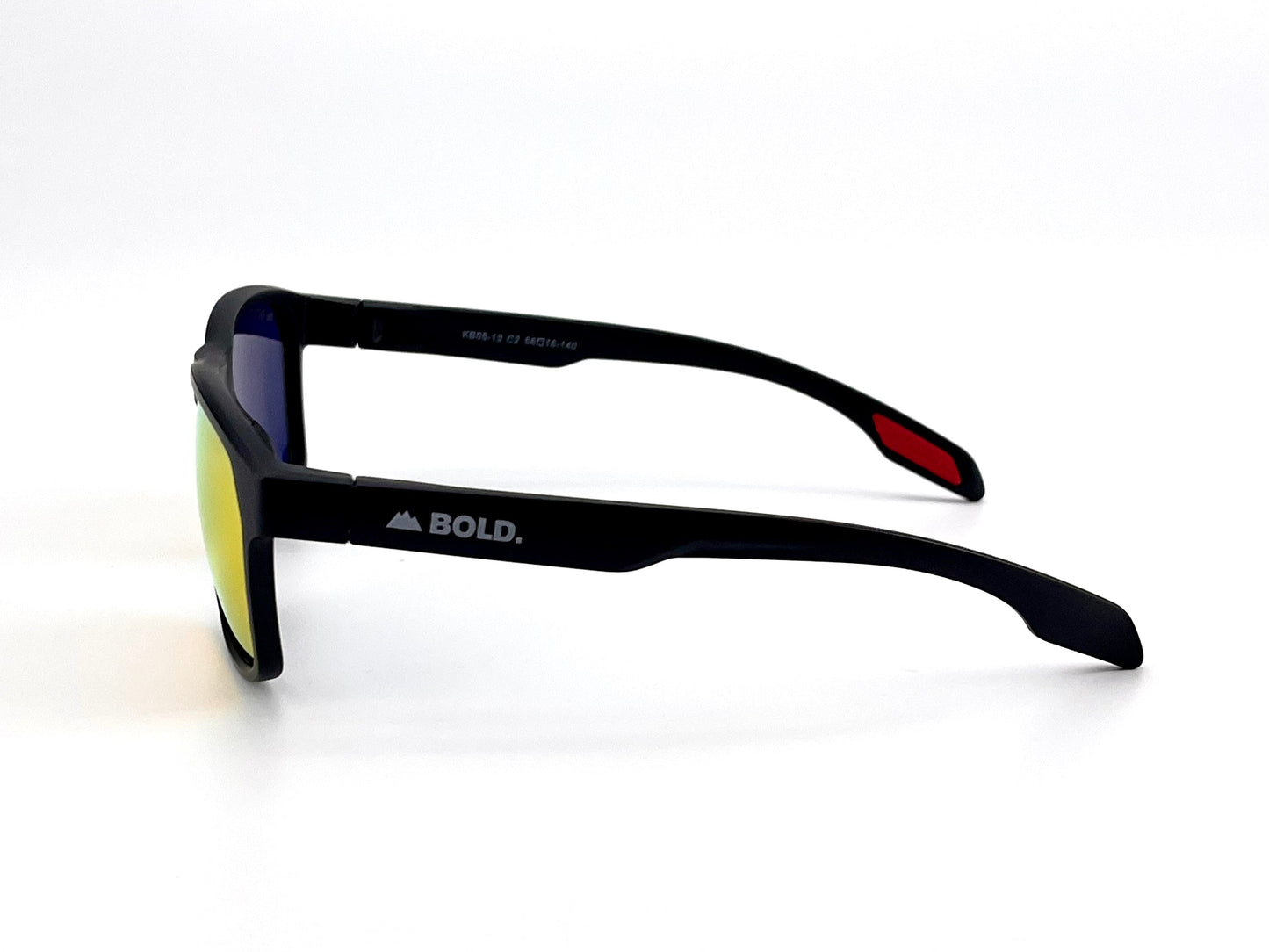 The BOLD Thunderhead Performance Sunglasses by boldouterwear feature a sturdy black, slightly angular frame with yellow-mirrored rectangular lenses for UV protection, plus BOLD. and a white mountain logo on the left arm, and a red accent at the tip.