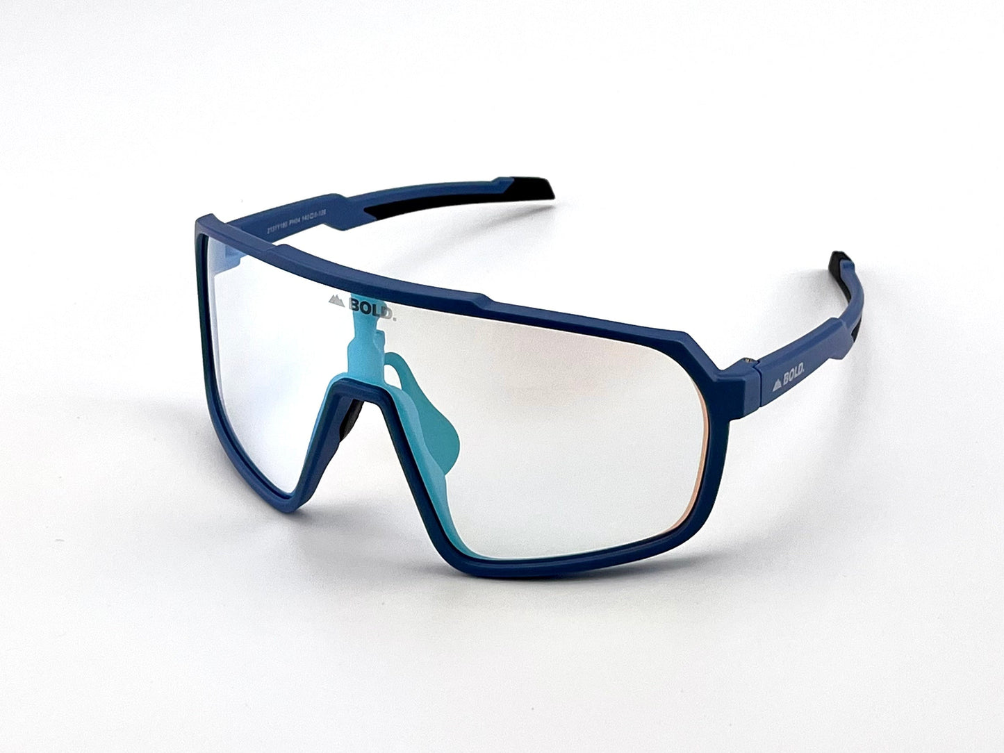 Blue-framed BOLD Slayers Photochromic Sunglasses by boldouterwear with a single large light-adaptive mirrored lens, black-tipped arms, and angular wraparound design. "boldouterwear" is printed on both the lens and the arm. Displayed on white background.