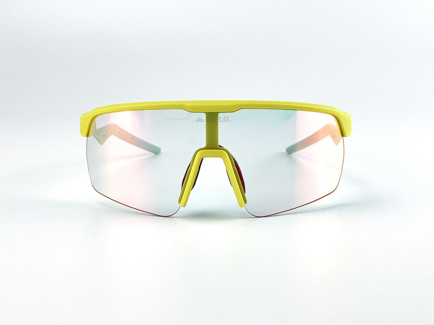The BOLD Flash Photochromic Sunglasses by boldouterwear feature a yellow frame, mirrored lenses, and a wraparound design with a prominent nose bridge, perfect for MTB, ski, and lifestyle use. Shown against a plain white background.