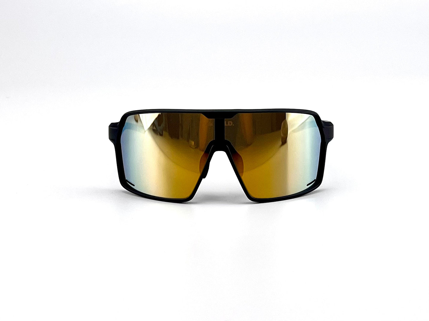 The BOLD Shadows Performance Sunglasses by boldouterwear feature a black frame with large, gold-tinted reflective lenses and an angular wraparound design for maximum coverage, shown on a plain white background for standout effect.