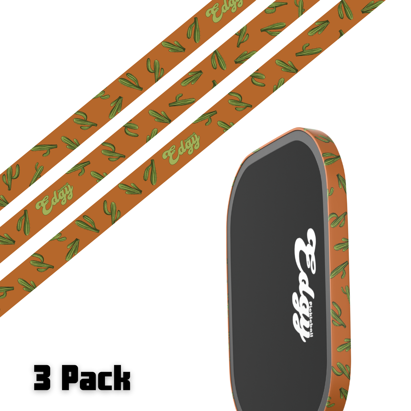 Three brown Cactus Edge Tapes by Edgy Pickleball feature a green cactus and "Edgy" in white script, adding a desert vibe. Shown applied to a paddle from side and top views. "3 Pack" appears in bold black at the bottom left.