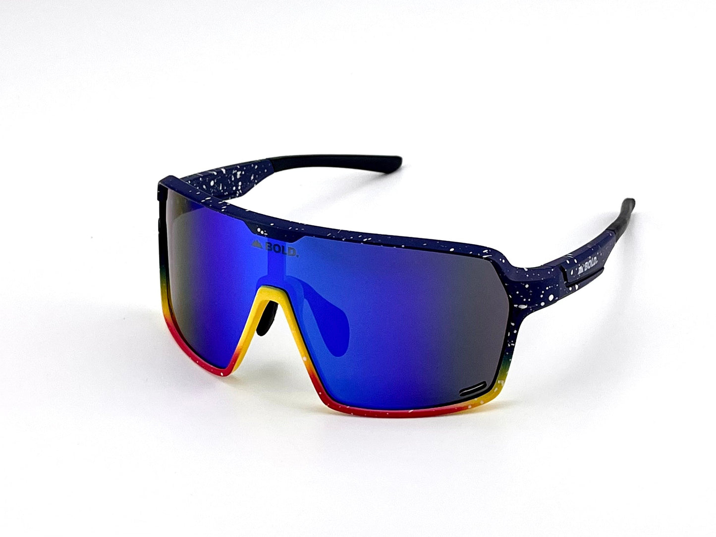 The BOLD Shadows Performance Sunglasses by boldouterwear feature a wide single blue mirrored lens with yellow and red gradient edges, a navy speckled wraparound frame, and black arms with BOLD. branding on the side and lens.