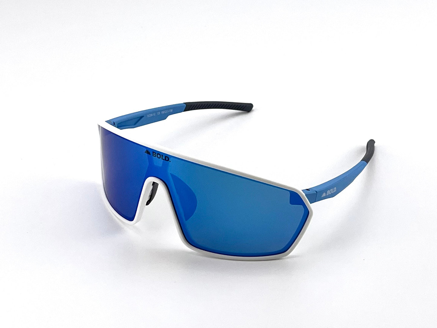 The BOLD NSP Performance Sunglasses by boldouterwear feature a white frame, blue mirrored wraparound lenses, and blue arms with black rubber tips. Ideal for smaller faces, the brand name appears on both lens and arm. Displayed on a plain white background.