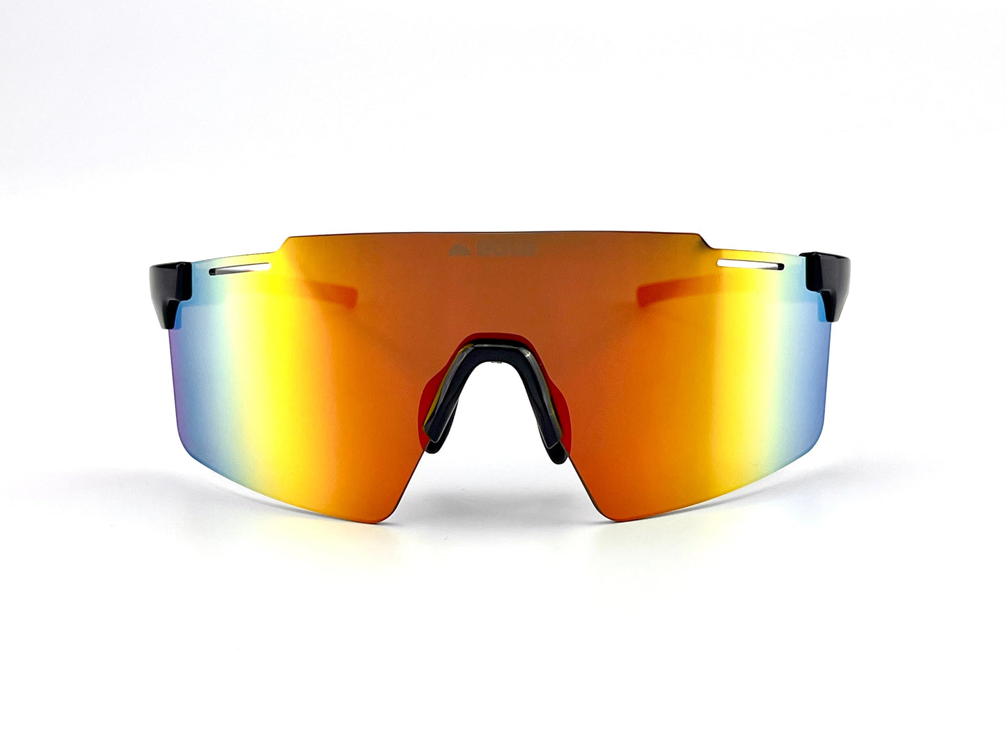 The BOLD Scope Performance Sunglasses by boldouterwear feature a single, wide orange-red-yellow gradient lens and a black wraparound frame with visible nose pads. Minimal detailing completes the MTB, ski & lifestyle eyewear. Set on a plain white background.