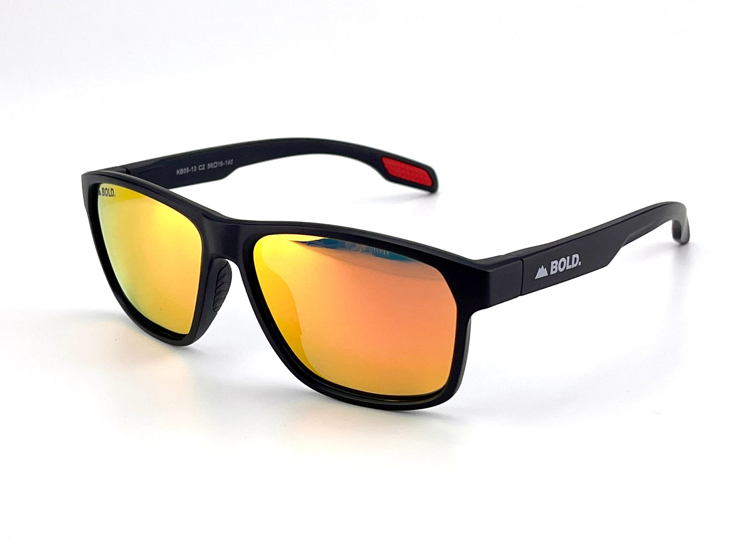 BOLD Thunderhead Performance Sunglasses by boldouterwear: black rectangular frames with orange-mirrored UV-protection lenses, “BOLD.” in white and a mountain icon on the temples, plus a red accent inside the right temple tip. Set on a white background.