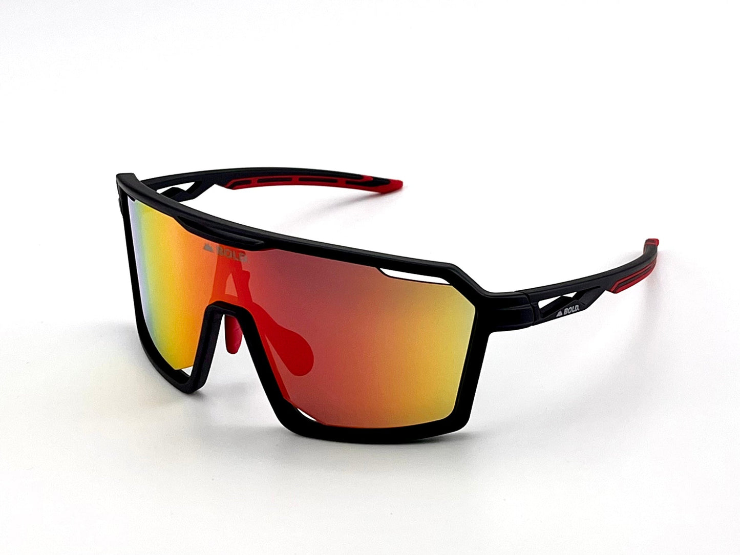 The BOLD Flux Performance Sunglasses by boldouterwear feature a black wraparound frame, angular design, and large red-orange-yellow mirrored lenses with red temple accents. Ideal for MTB, ski, or lifestyle use; offers UV protection. Plain white background.