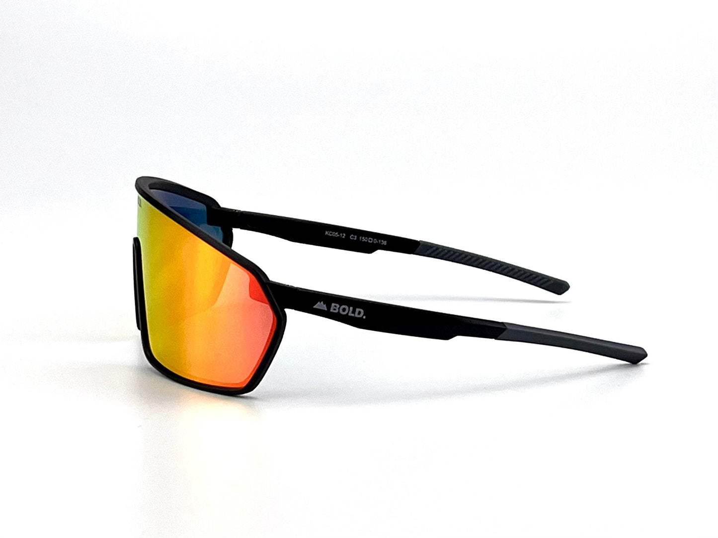 The BOLD NSP Performance Sunglasses by boldouterwear feature wide, rectangular black frames with mirrored orange-red gradient lenses, a mountain logo, and white "BOLD." print on the arm. Designed for smaller faces. Plain white background.