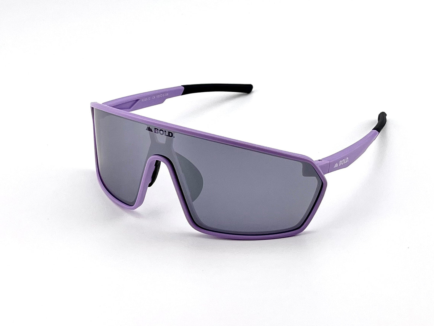 The BOLD NSP Performance Sunglasses by boldouterwear feature a large gray lens, bold purple frame, and wraparound fit with purple temples and black tips—perfect for smaller faces and active lifestyles in MTB, ski, or everyday use.