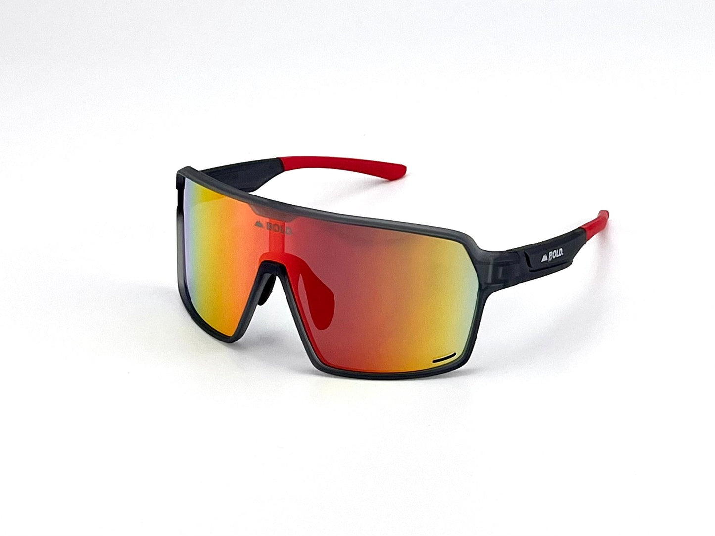 The boldouterwear BOLD Shadows Performance Sunglasses feature a sporty wraparound black frame with red earpieces, a large single rectangular lens with a red-orange reflective tint, and the A.PLU logo on the left temple, shown resting on a white surface.