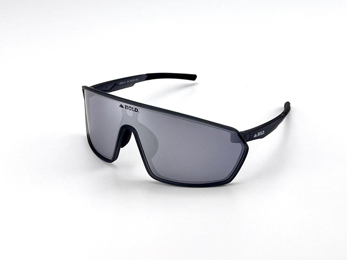 The BOLD NSP Performance Sunglasses from boldouterwear feature a sleek black frame, a single large reflective lens, and wraparound coverage sized for smaller faces. "BOLD." appears on the bridge and “ARM” on the left temple; plain white background.