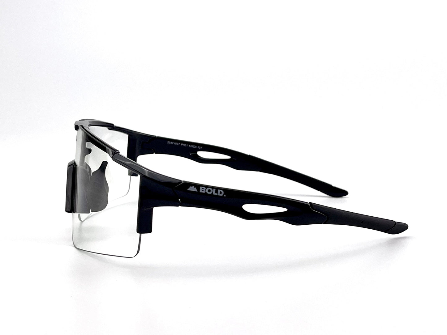 The BOLD Wavelength Performance Sunglasses by boldouterwear feature a black rectangular semi-rimless frame, angular arms with "BOLD." in white, and a sleek, modern design—perfect for trail running, MTB, skiing, or everyday wear.