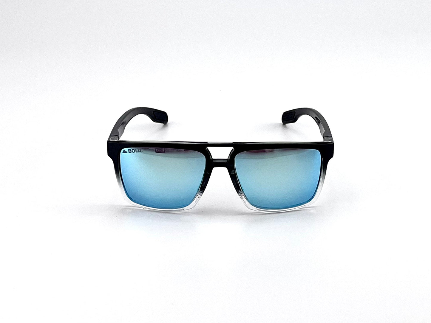 A pair of BOLD Wildhorse Performance Sunglasses by boldouterwear, featuring black rectangular frames, silver accents, and mirrored blue UV-protected lenses with a logo, is centered on a white background with slightly open arms.