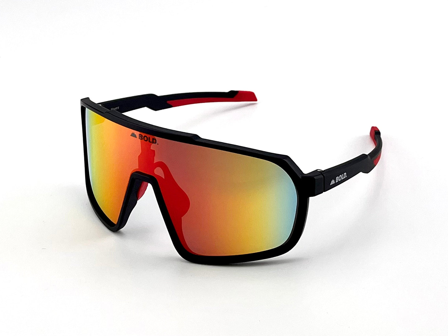 BOLD Slayers Performance Sunglasses by boldouterwear feature a black wraparound frame with red arms, large mirrored orange lenses, and white BOLD. logos on the lens and arms. Displayed on a plain white background.