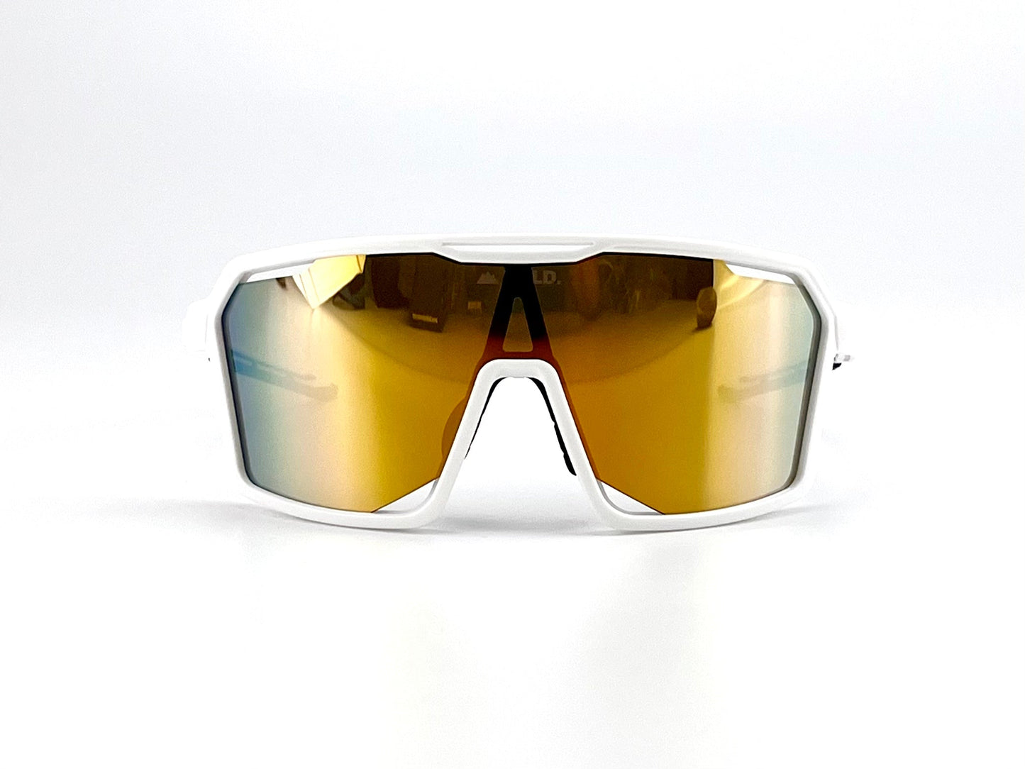 The BOLD Flux Performance Sunglasses by boldouterwear feature a sporty wraparound white plastic frame with large, mirrored orange-yellow lenses and a bold, angular design—perfect for MTB, ski, and lifestyle wear. Photographed on a plain white background.