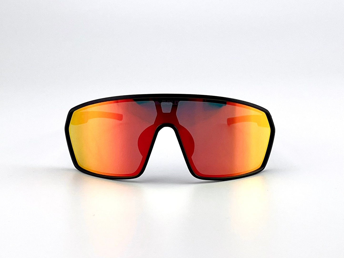 The BOLD NSP Performance Sunglasses by boldouterwear feature a black frame and a single, large red-orange reflective wraparound lens, offering exceptional coverage—perfect for MTB, ski, or lifestyle use—displayed against a plain white background.