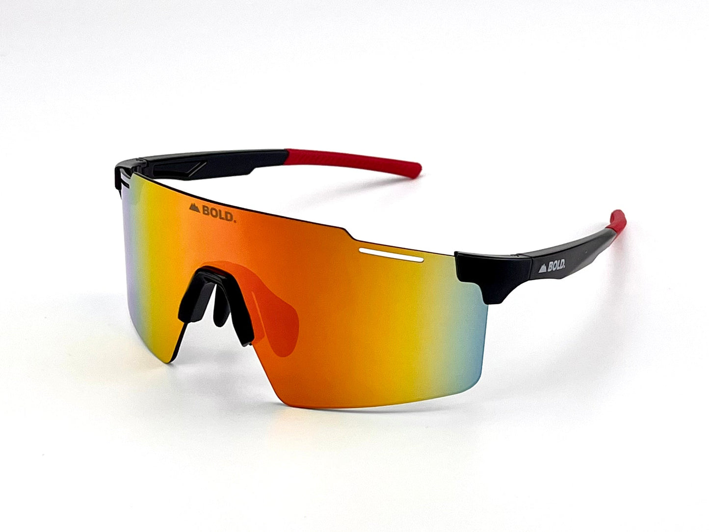 The BOLD Scope Performance Sunglasses by boldouterwear feature a single wide orange-yellow gradient mirrored lens, black wraparound frame with cutout details, and black arms with red tips and "BOLD." by the lens; shown on a white background.