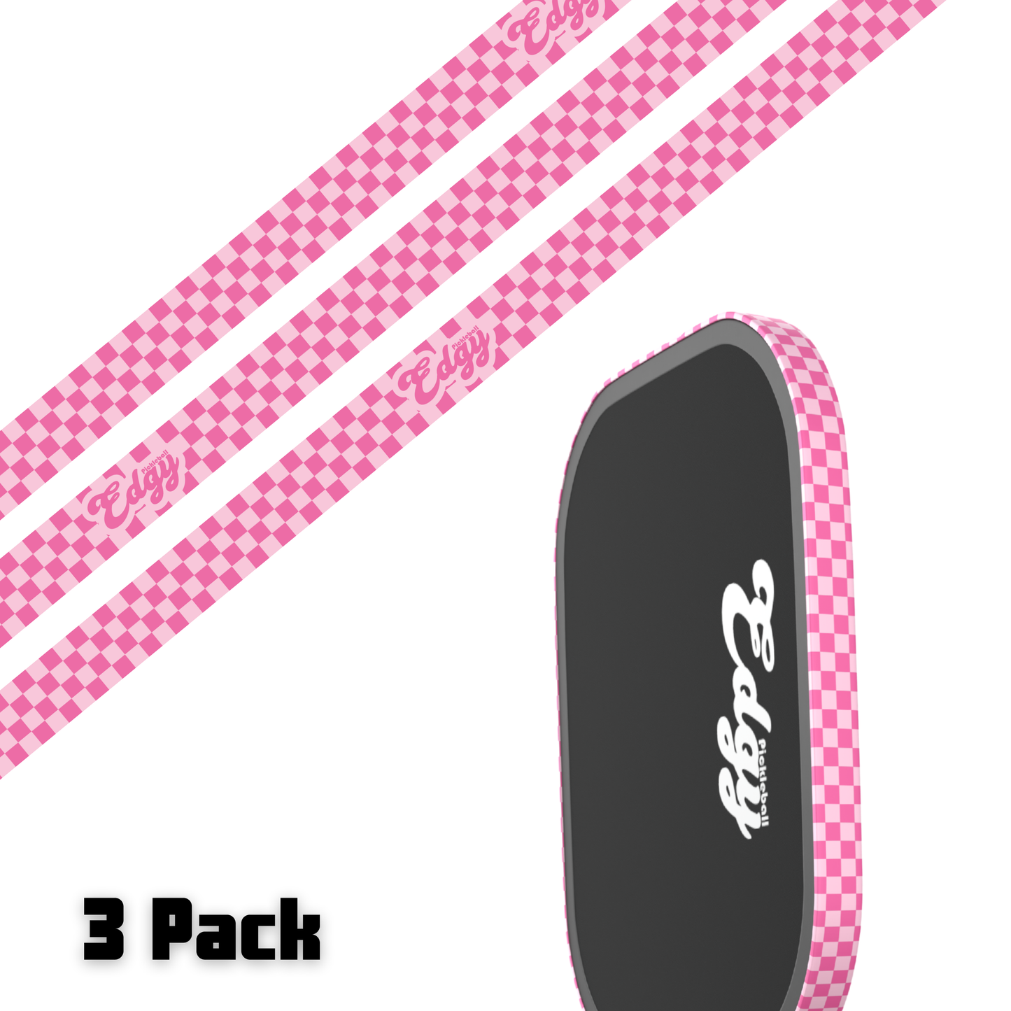 The image shows Edgy Pickleball’s Pink Checkers Edge Tape (3 pack): two pink-and-white checkered “Enjoy” strips and a black paddle edge tape with pink checkered borders and “Enjoy” script. Bold text at the bottom reads 3 Pack.