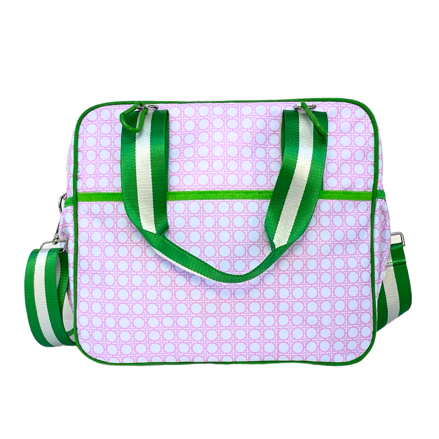 The Queen of the Court Prepster Pickleball Bag features a square shape, pink and white circles, green trim, striped handles, a front pocket, silver hardware, and an adjustable strap—ideal for carrying your pickleball accessories.
