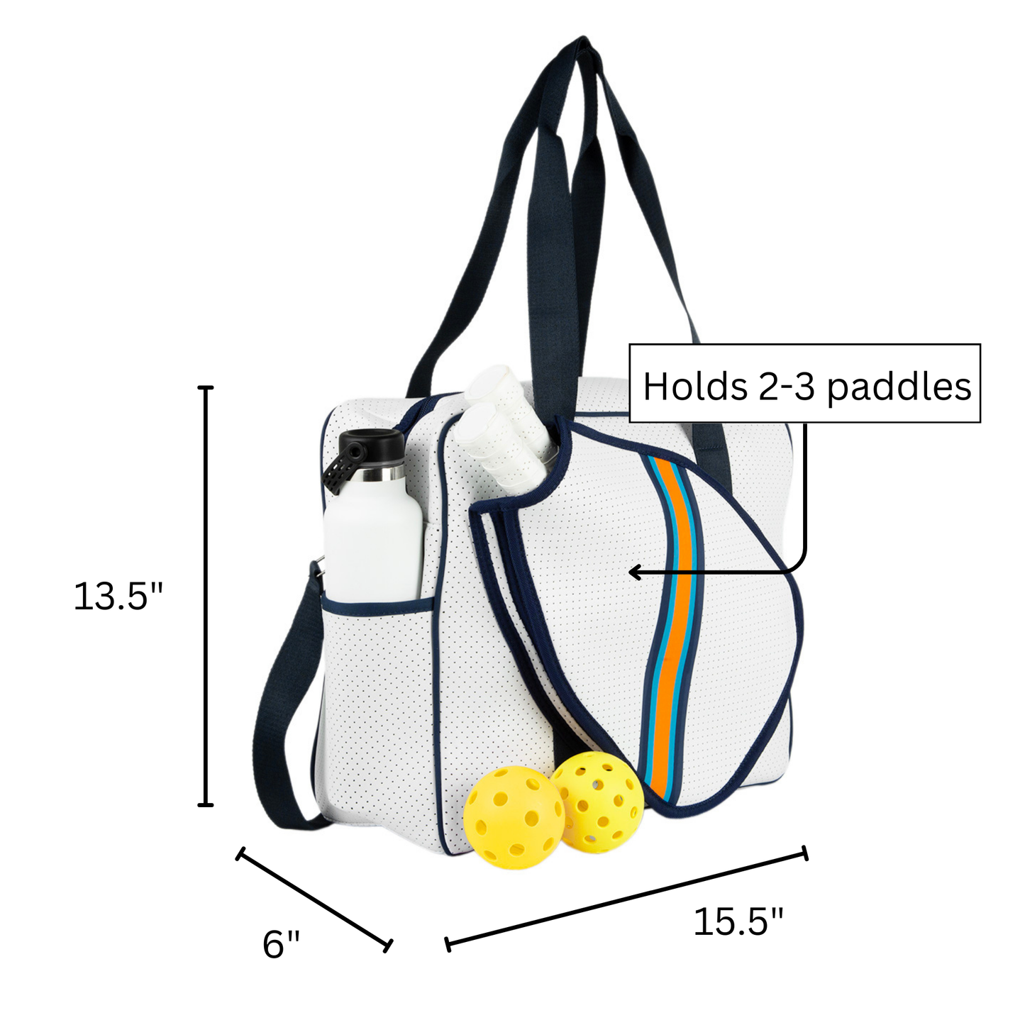 The Queen of the Court Brooklyn Pickleball Bag is white with navy handles and trim, plus blue and yellow stripes. At 13.5" tall, it fits 2-3 paddles, has a side water bottle pocket, and is perfect as your everyday pickleball bag.