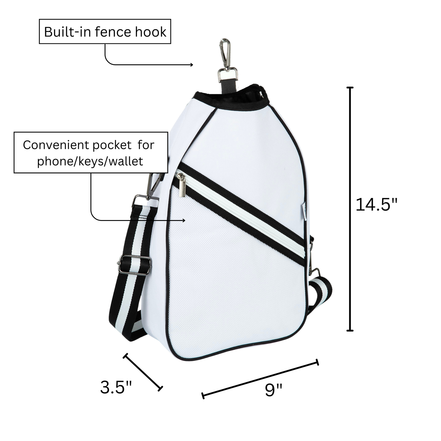 The Queen of the Court Essentials Pickleball Bag is a white crossbody with black accents, measuring 14.5"x9"x3.5". Features include a built-in fence hook and a zippered side pocket for your essential pickleball gear.