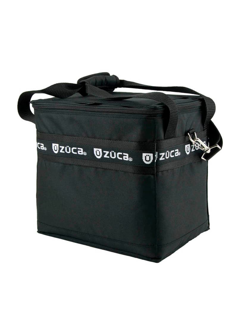 The ZUCA Cooler is a black, rectangular insulated bag with a zippered lid, shoulder strap, and side handles. Designed to fit perfectly on your ZUCA rolling case, it keeps food and drinks cool with ice packs.