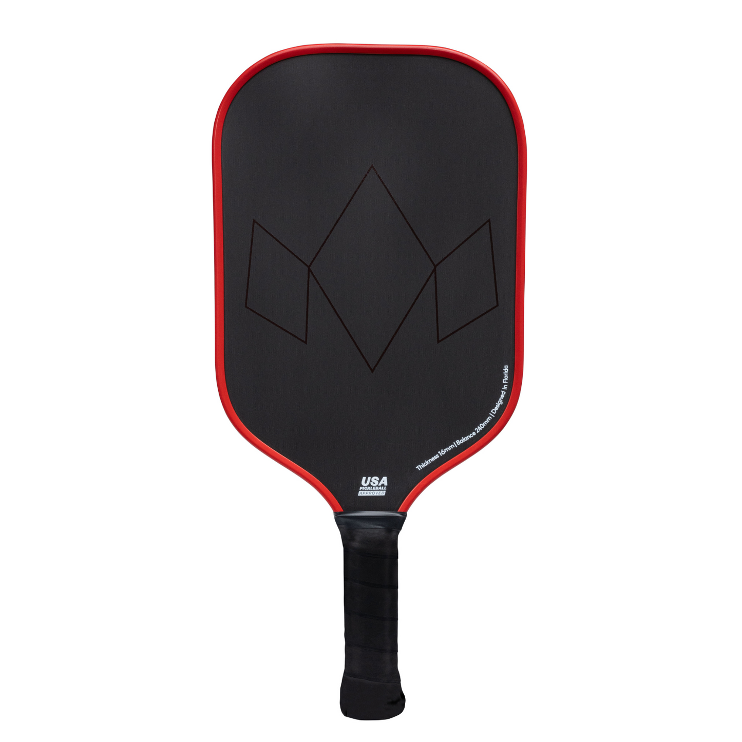 A black Diadem Sports Warrior Edge pickleball paddle with a red border and geometric diamond pattern on its etched carbon face, black grip handle, “USA PICKLEBALL” near the base, USAPA approved. Shown on a plain white background.