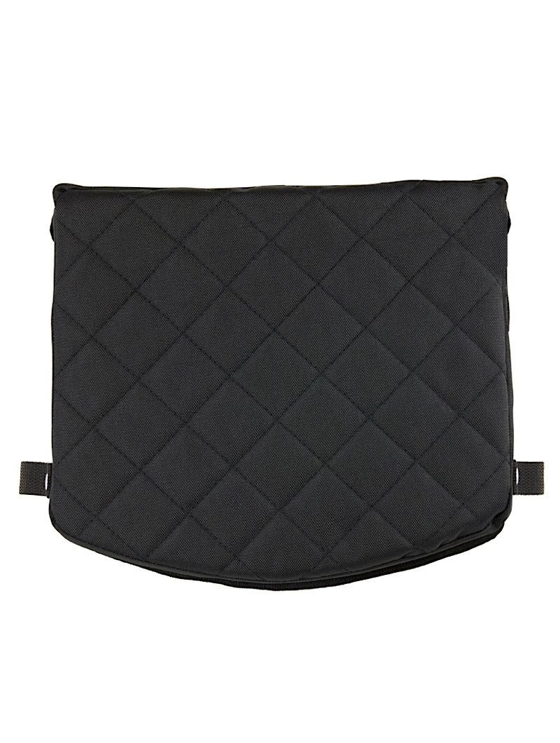 The ZUCA Pro/Sport Padded Seat Cushion is a black, quilted rectangular cushion with a diamond pattern and rounded corners. Two short black hook-and-loop straps secure it to ZUCA Pro or Sport bags. Photographed on a white background.
