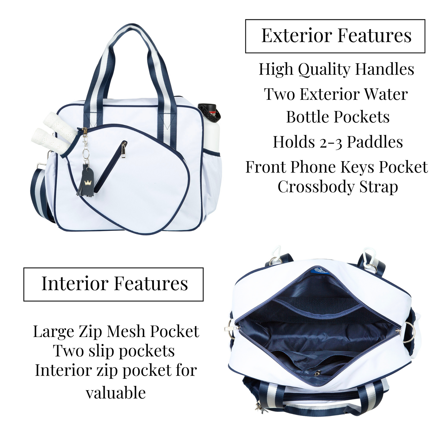The Queen of the Court Prepster Pickleball Bag in white with dark blue straps is shown from two angles, highlighting zippered pockets, paddle slots, water bottle holders, interior mesh and slip pockets, and a crossbody strap—ideal for ladies’ pickleball gear.