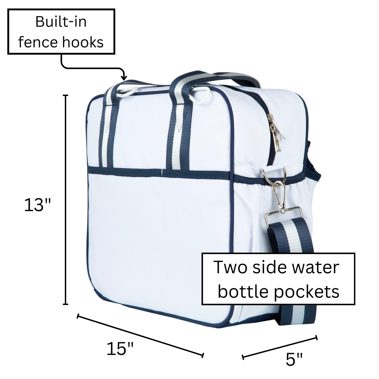 The Queen of the Court Prepster Pickleball Bag is a white tote with dark trim, 13"H x 15"W x 5"D, featuring handles, a shoulder strap, built-in fence hooks on top, and two labeled side water bottle pockets.