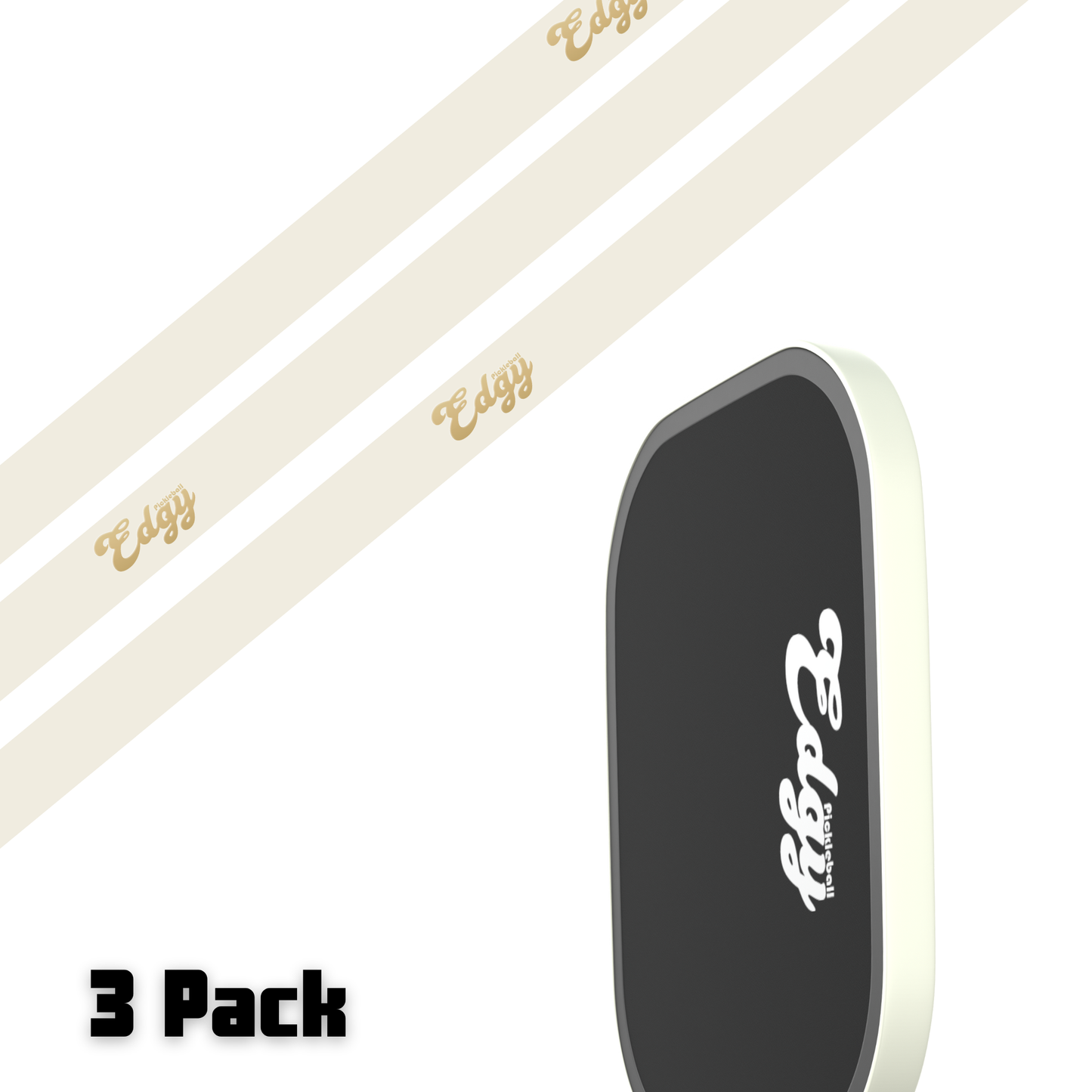 A black, oval Retro White Edge Tape pad with "Edgy" in white sits lower right. Two beige strips with "Edgy" in gold cross top left. Bold black "3 Pack" appears bottom left. Brand: Edgy Pickleball.