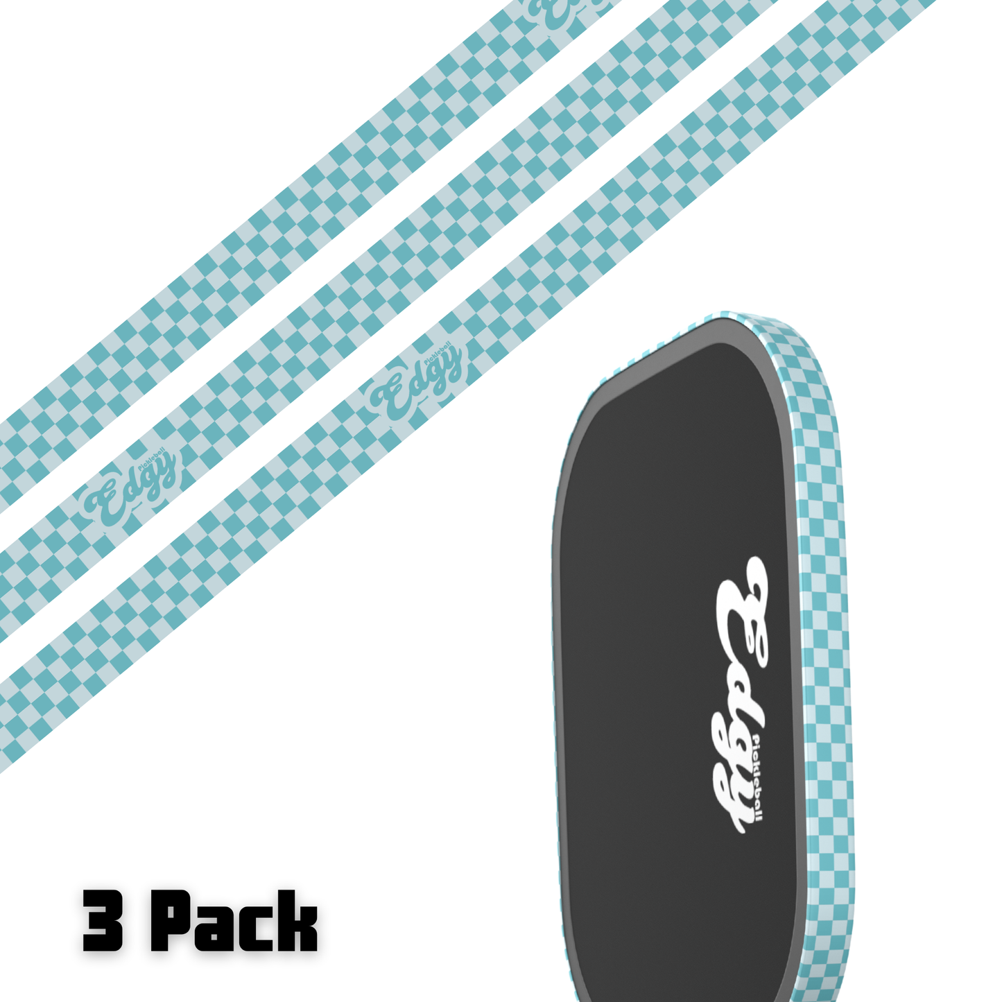 The Mint Checkers Edge Tape (3 pack) by Edgy Pickleball features black tape with a blue-and-white checkerboard border and “Edgy” in white script, plus two matching strips. “3 Pack” appears boldly at the bottom left. Perfect pickleball paddle accessory.