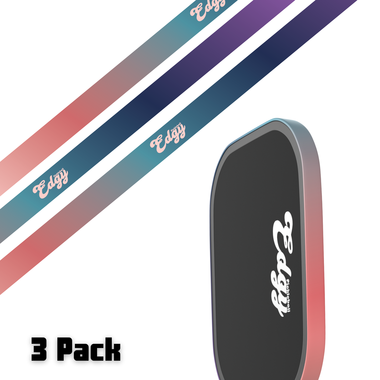 A product image features two multicolored gradient edge tape straps with “Edgy” in cursive and a matching black device, all labeled Edgy. Bold black text at the bottom left reads “3 Pack.” The background is white. Brand: Edgy Pickleball.