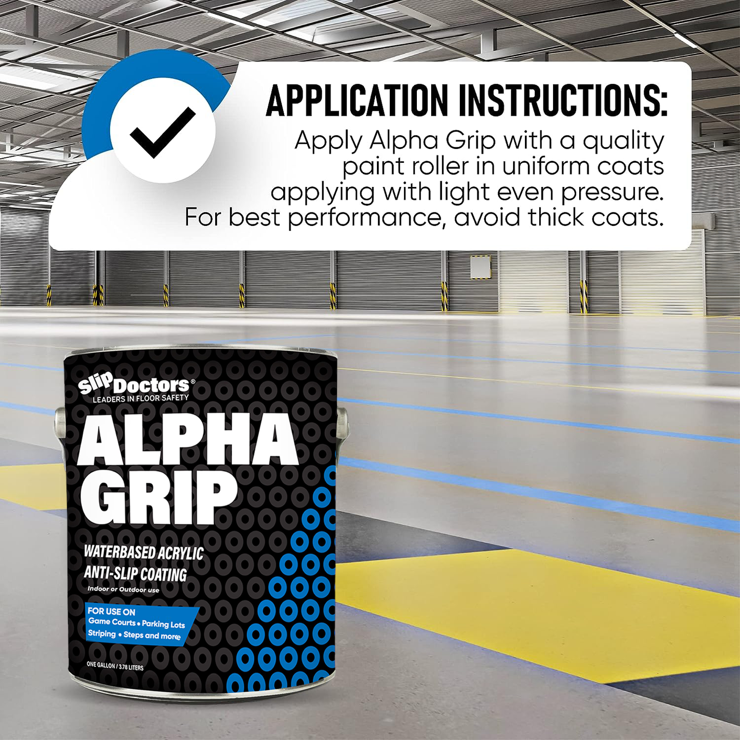 The SlipDoctors Alpha Grip Non-Slip Stripe and Athletic Court Paint is stored in the warehouse, perfect for projects like non-slip surfaces or painting pickleball courts.