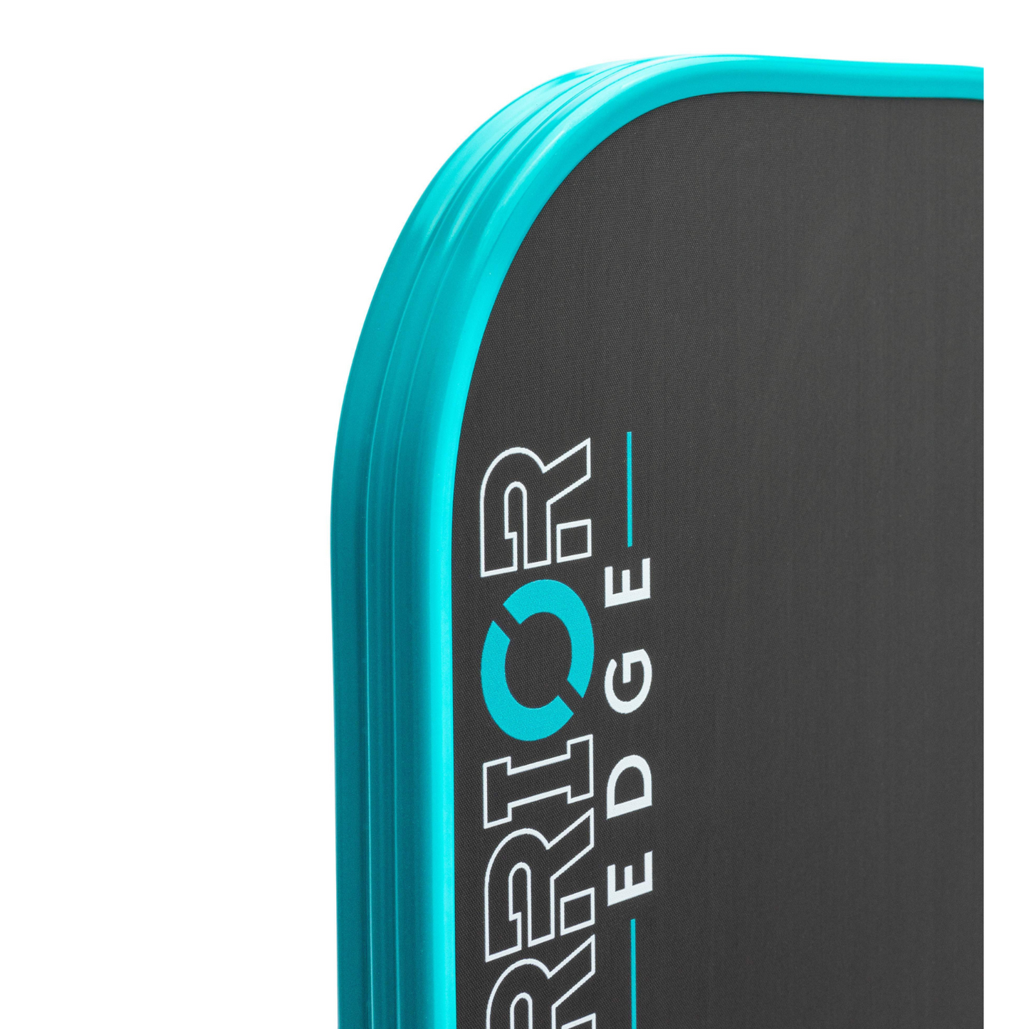 Close-up of the Diadem Sports Warrior Edge board's corner, featuring a black carbon face with bold white "WARRIOR EDGE" lettering and turquoise accents, plus rounded turquoise edges.