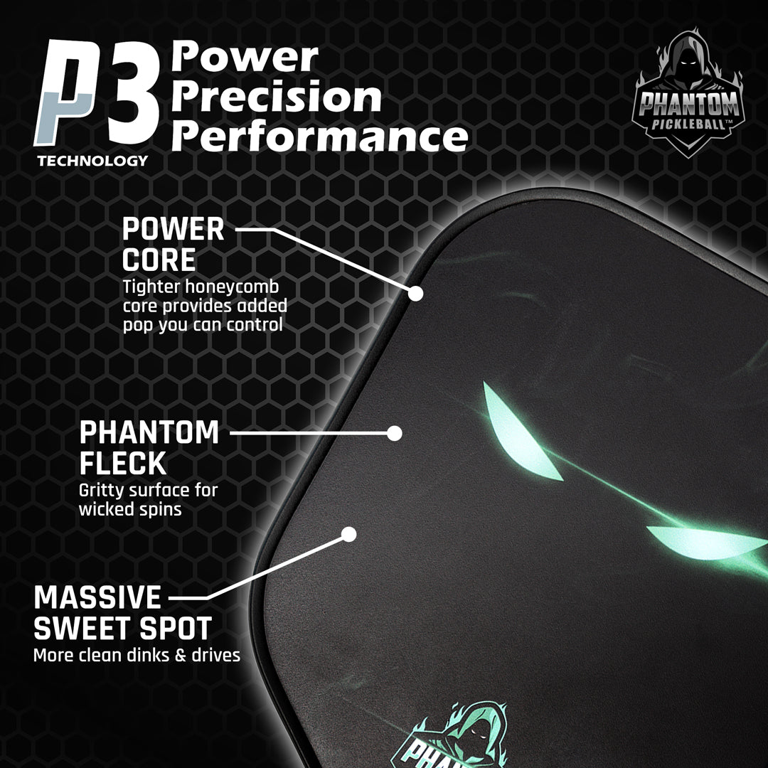 A promo image for Phantom Pickleball’s PHANTOM SAVAGE 13MM T800 Carbon Fiber Pro Paddle shows a close-up of the black paddle with teal-lit eyes, logo, and text highlighting “Power Core,” “Phantom Fleck,” “Massive Sweet Spot,” and carbon fiber build on a honeycomb background.