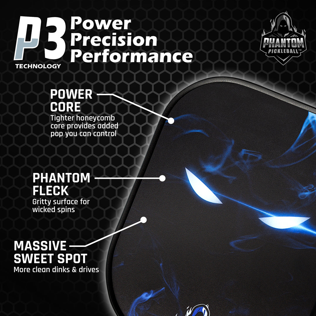 The PHANTOM SNIPER 13MM T800 Carbon Fiber Pickleball Pro Paddle by Phantom Pickleball features “Power Core” for control, “Phantom Fleck” spin tech, and a massive sweet spot. Sleek black design with blue ghostly eyes; includes cover.