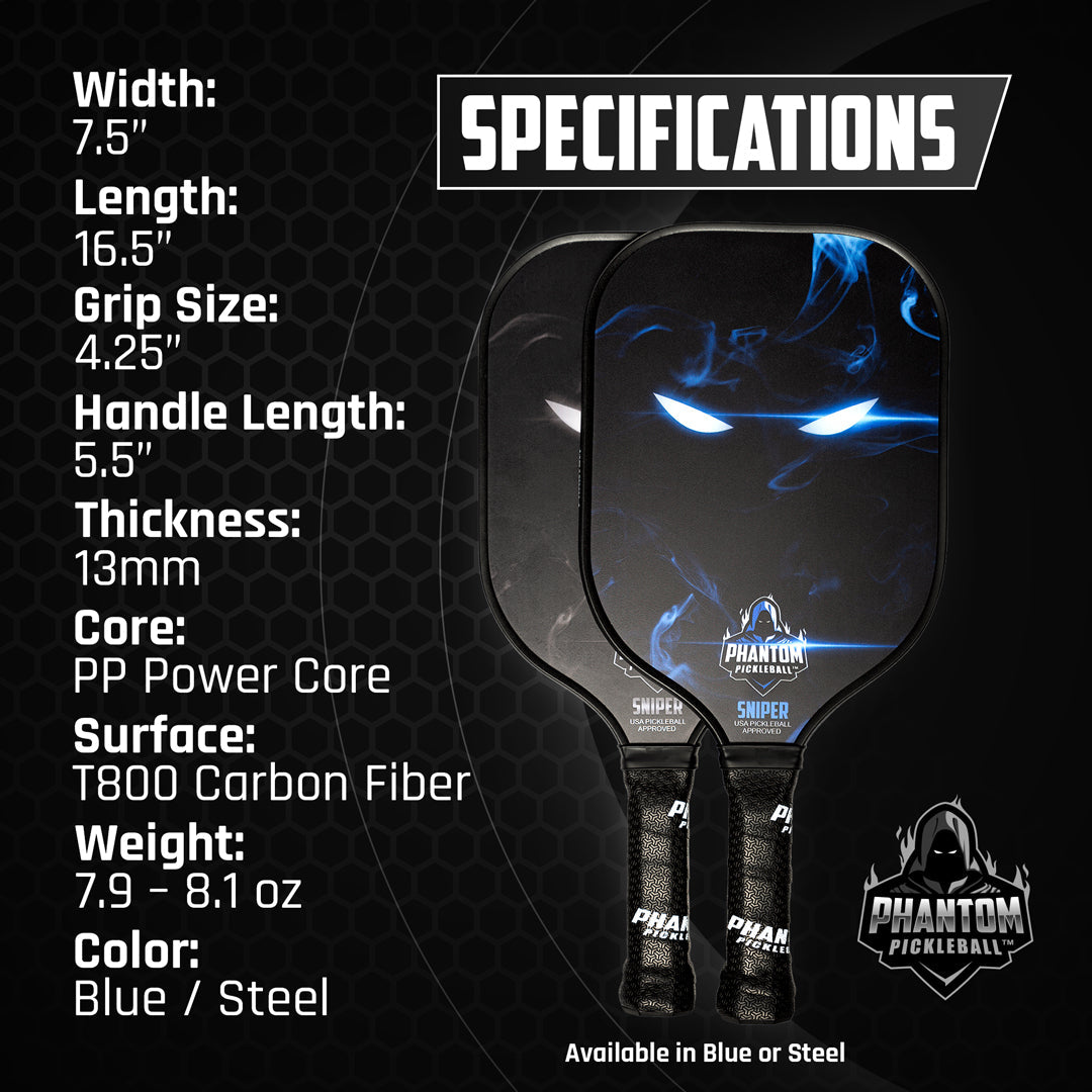 Two PHANTOM SNIPER 13MM T800 Carbon Fiber Pickleball Pro Paddles by Phantom Pickleball are shown in blue graphics. Each elongated paddle features a 7.5" width, 16.5" length, PP Power Core, and includes a cover. Available in blue or steel.