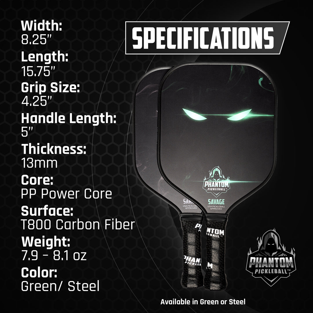 The PHANTOM SAVAGE 13MM T800 Carbon Fiber Pickleball Pro Paddle by Phantom Pickleball features a carbon T800 face, 8.25"x15.75" size, 4.25" grip, 13mm PP Power core, weighs 7.9–8.1 oz, and flaunts a green/steel phantom graphic with included cover.