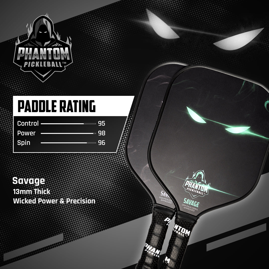 Two PHANTOM SAVAGE 13MM T800 Carbon Fiber Pickleball Pro Paddles by Phantom Pickleball, with bold green eyes and logo, rest on a sleek dark background. Ratings: Control 95, Power 98, Spin 96. Includes cover for added protection.